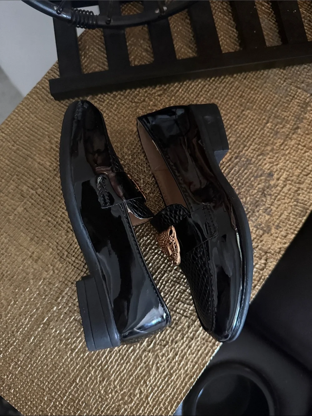 Girls Black Moccasin Loafers with Gold Cat Accent